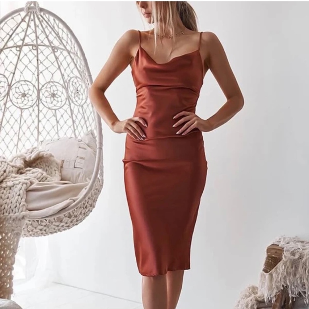 Rust colored Cowl neck midi dress